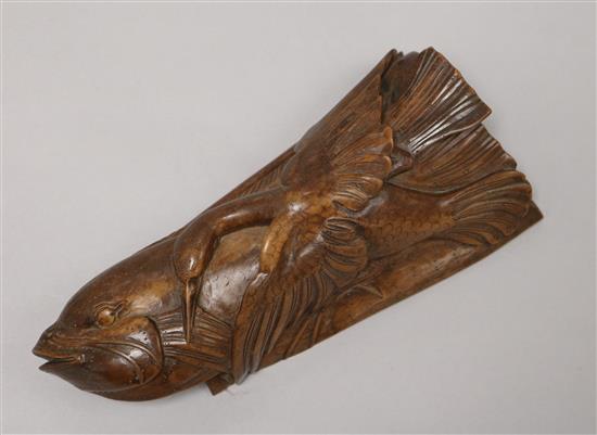 A Chinese hardwood fish and cormorant group W.23cm.